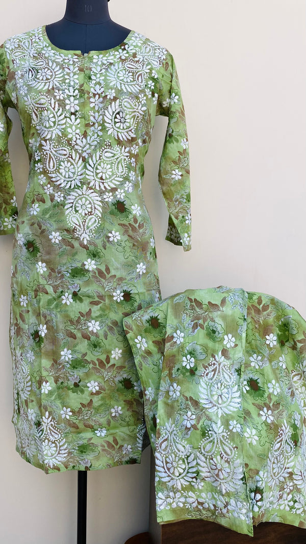 Lucknowi Chikankari Printed Co-ord Set Pista Green Mulmul Cotton