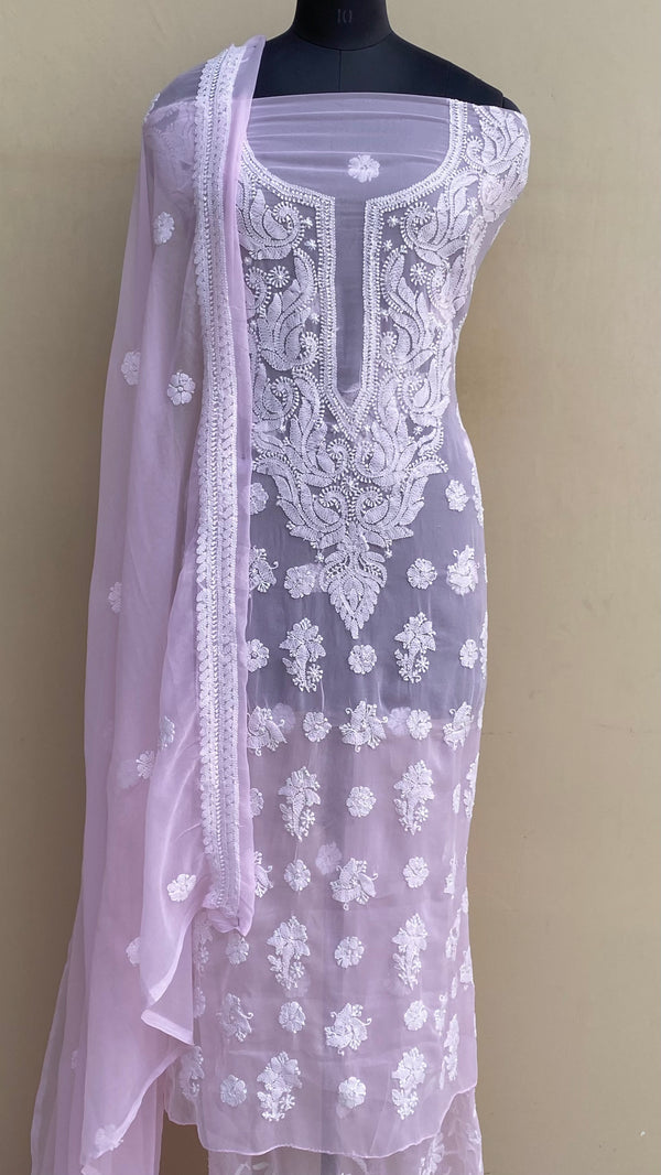 Lucknowi Chikankari Suit Length 3 Peice Pink Georgette