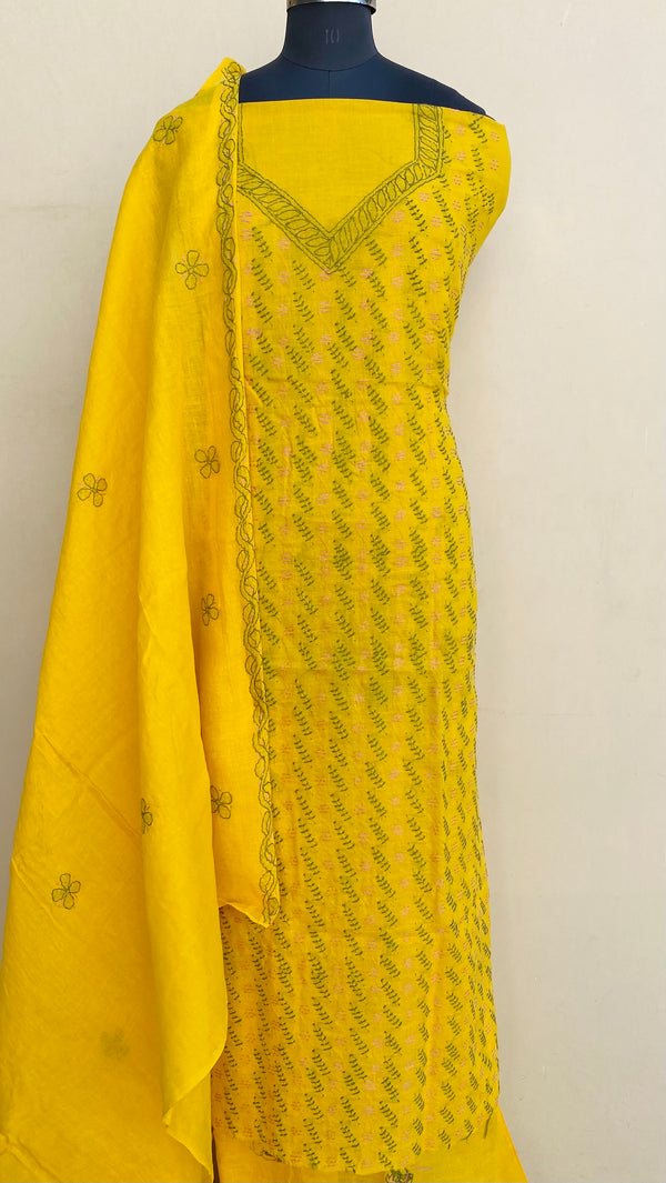 Lucknowi Chikankari Suit Length 3 Piece Yellow Cotton With Embroidered Cotton Dupatta