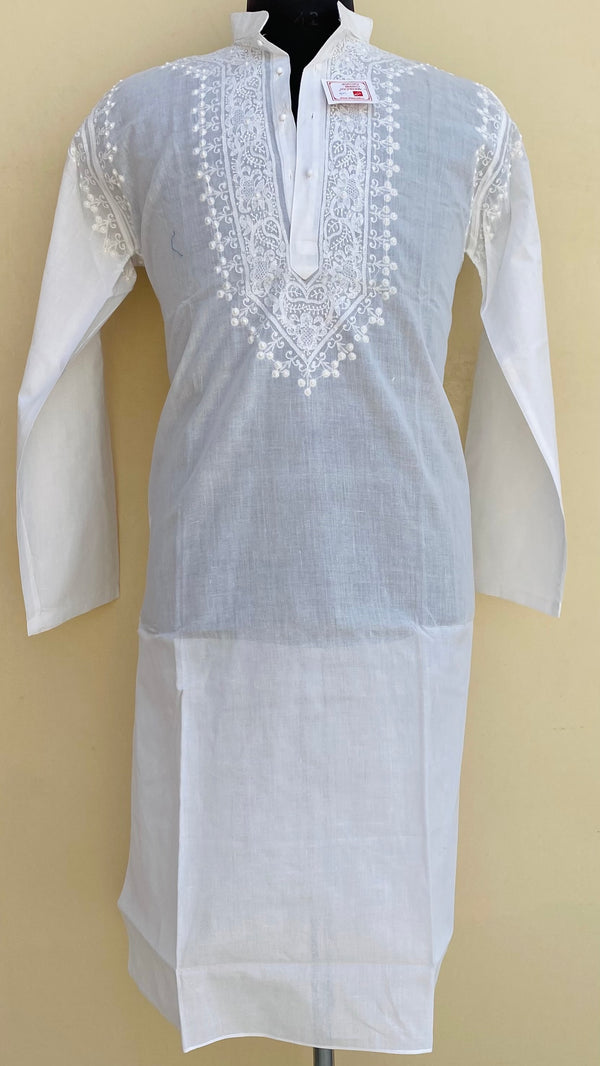 Lucknowi ChikanKari Men’s Kurta White Cotton With Jaali Work