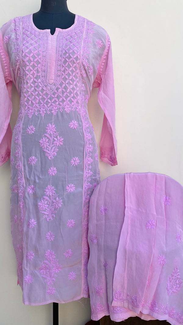 Lucknowi Chikankari Co-ord Set Pink Organza With Self Work