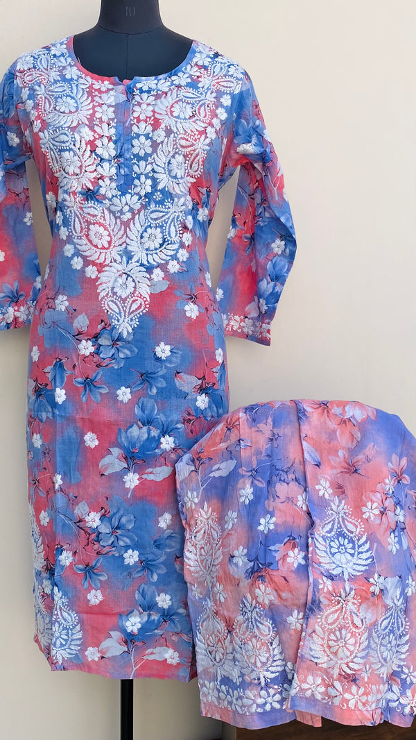 Lucknowi Chikankari Printed Co-ord Set Blue Mulmul Cotton