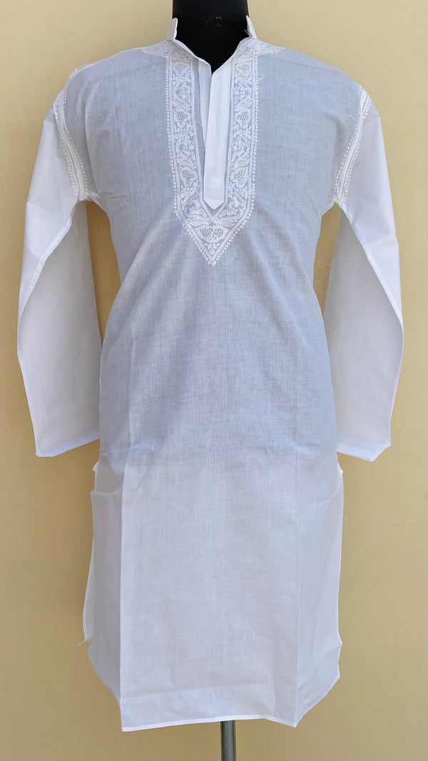 Lucknowi ChikanKari Men’s Kurta White Cotton With Jaali Work