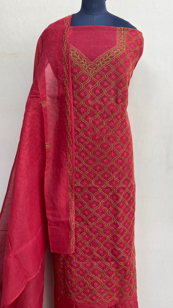 Lucknowi Chikankari Suit Length 3 Piece Red Cotton With Embroidered Cotton Dupatta