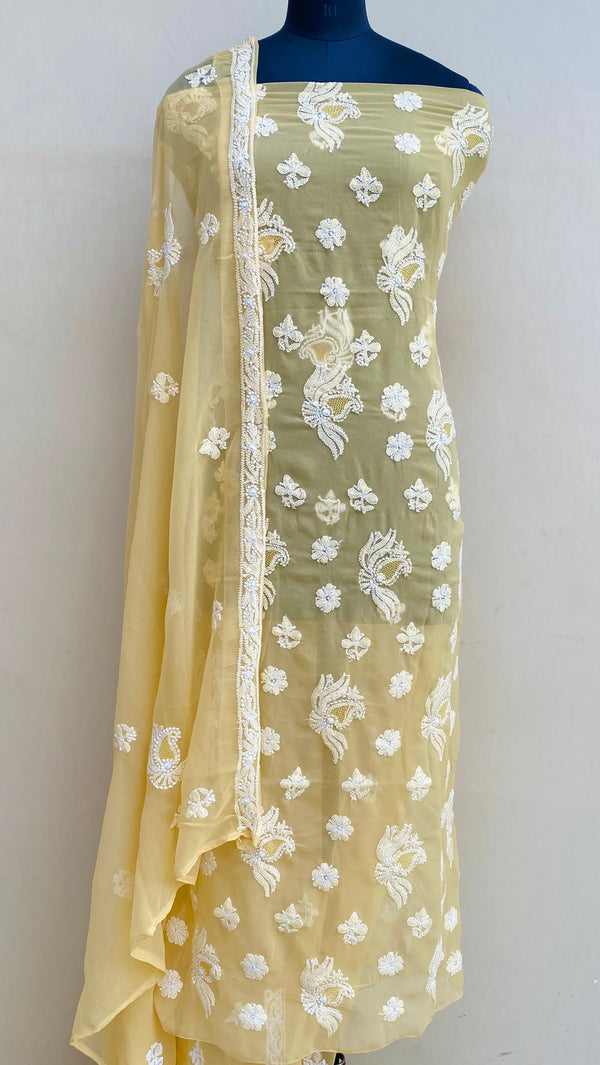 Lucknowi Chikankari Suit Length 3 Peice Beige Georgette With Jaali Work