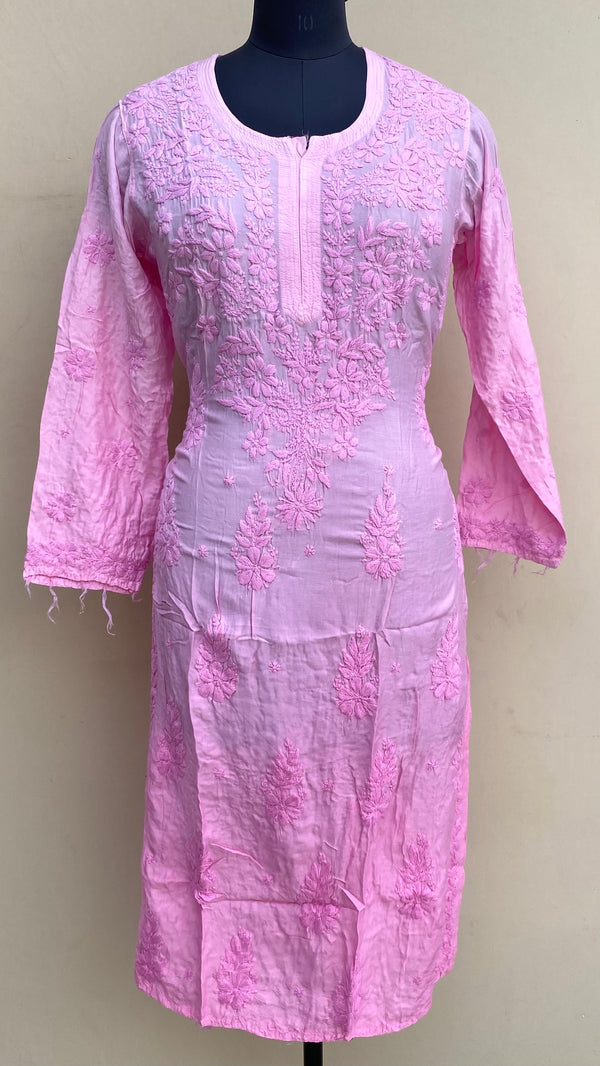 Lucknowi Chikankari Ombre Kurti Pink Muslin Cotton With Self 3D Work