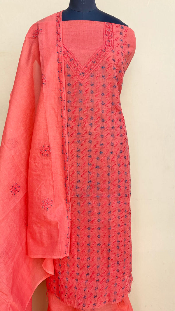 Lucknowi Chikankari Suit Length 3 Piece Gajri Cotton With Embroidered Cotton Dupatta