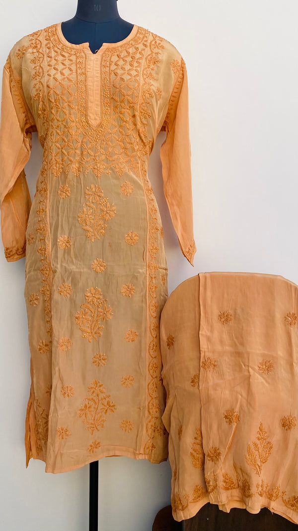 Lucknowi Chikankari Co-ord Set Rust Organza With Self Work