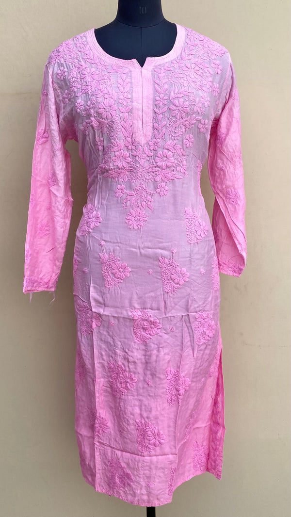 Lucknowi Chikankari Ombre Kurti Pink Muslin Cotton With Self 3D Work