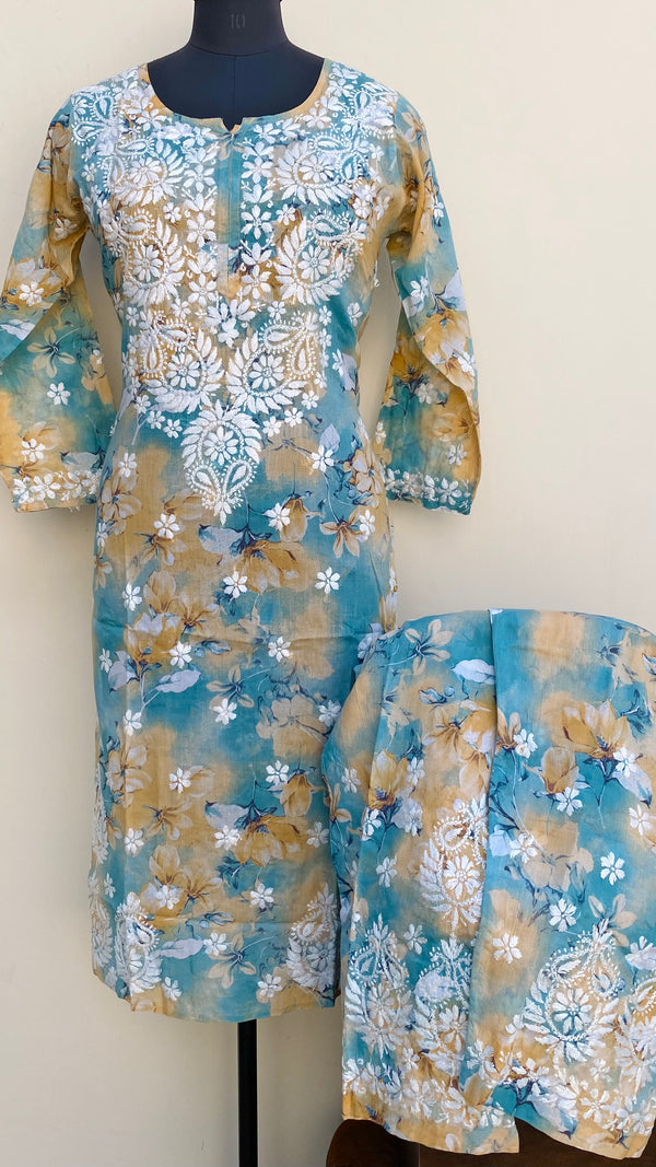 Lucknowi Chikankari Printed Co-ord Set Blue Mulmul Cotton
