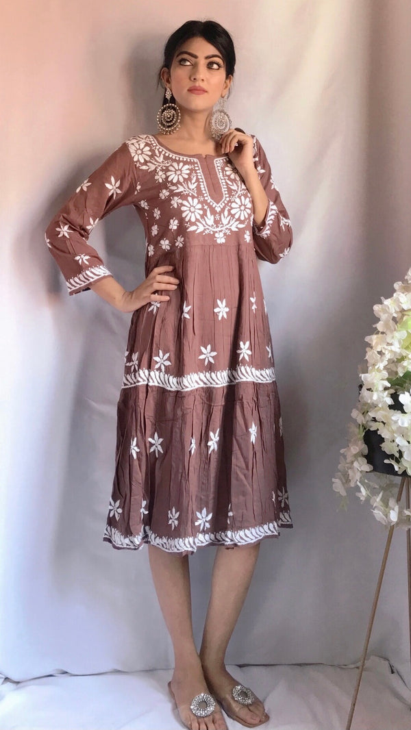 Lucknowi Chikankari Dress Brown Soft Modal Cotton