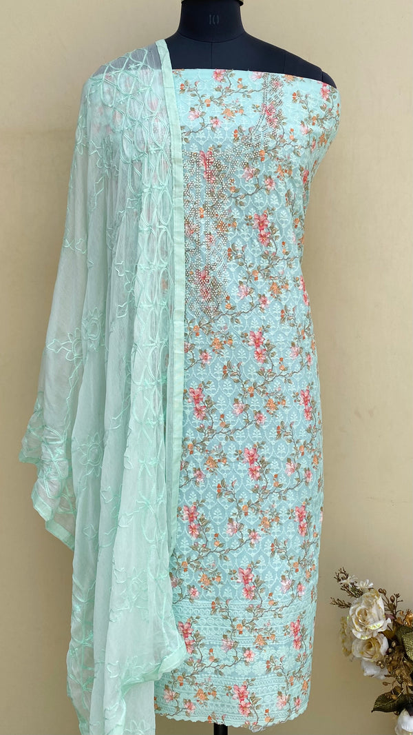 Chikankari Suit Length 3 Piece Sea Green Cotton With Stone Work