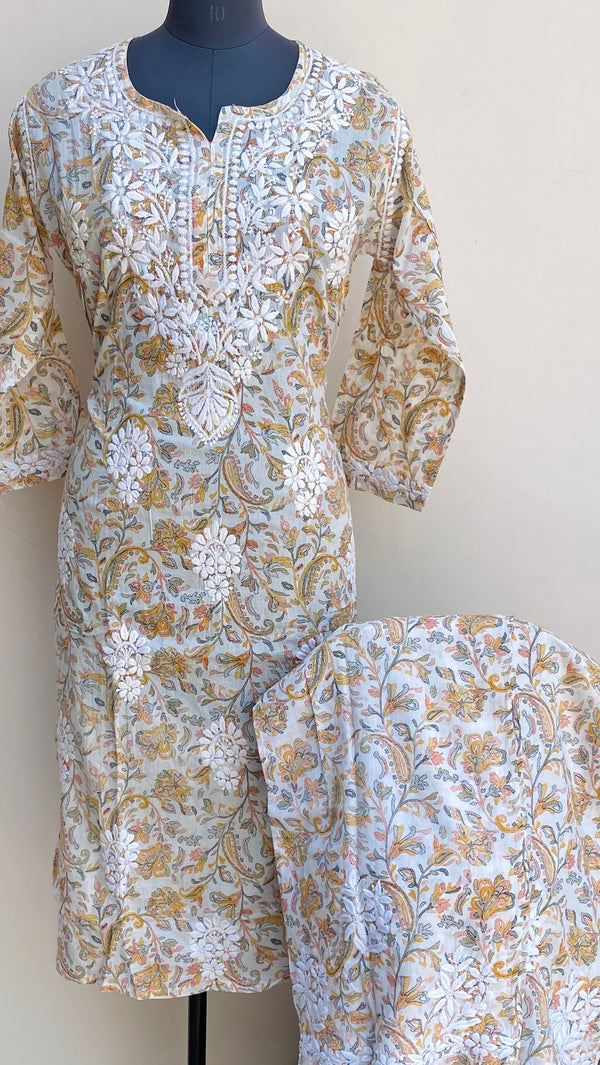 Lucknowi Chikankari Printed Co-ord Set White Mulmul Cotton
