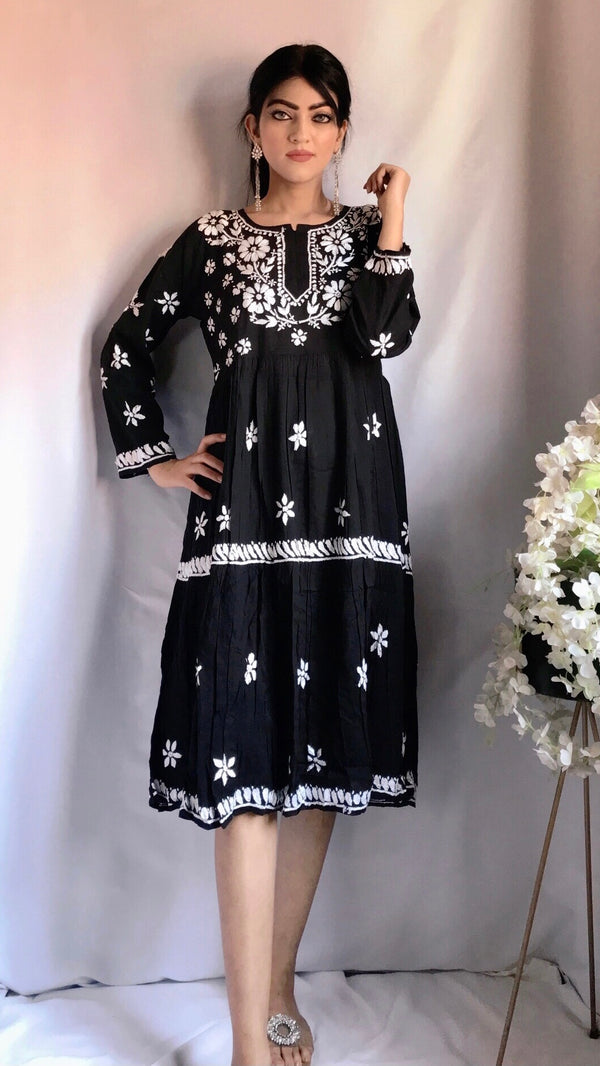 Lucknowi Chikankari Dress Black Soft Modal Cotton