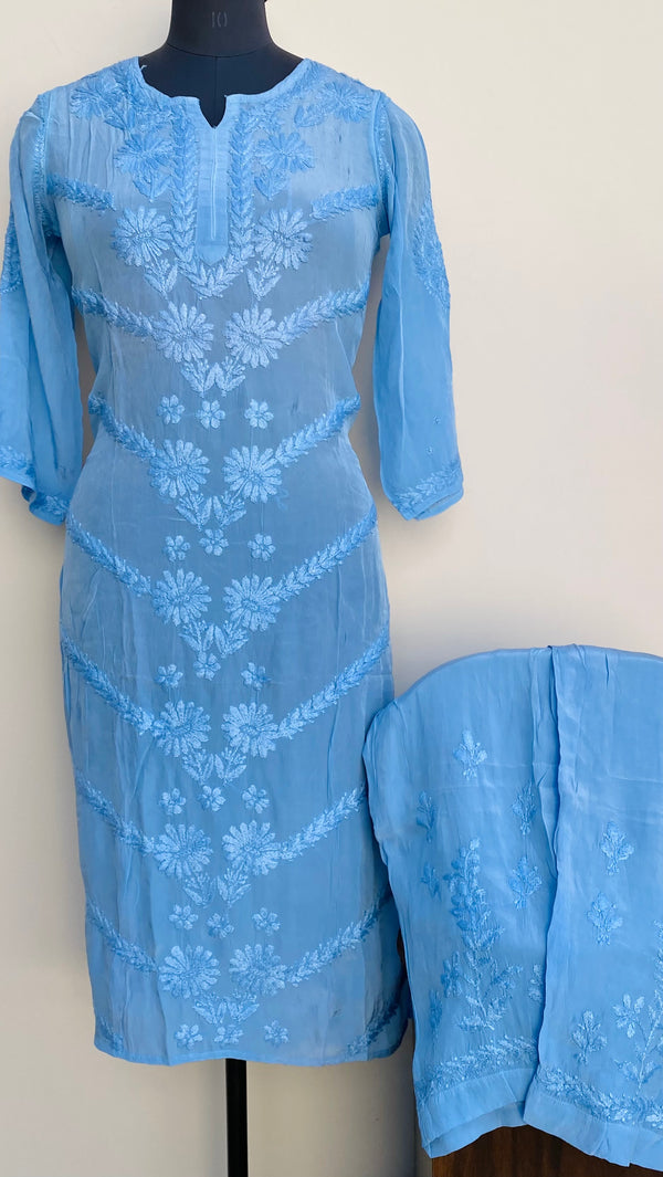 Lucknowi Chikankari Co-ord Set Blue Organza With Self Work