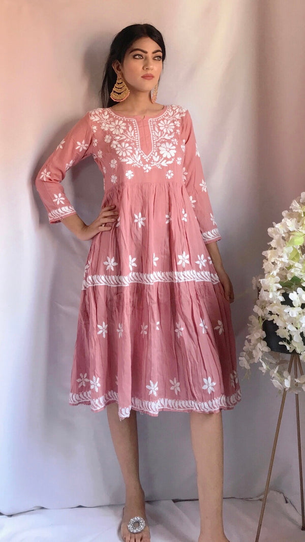 Lucknowi Chikankari Dress Rose Pink Soft Modal Cotton