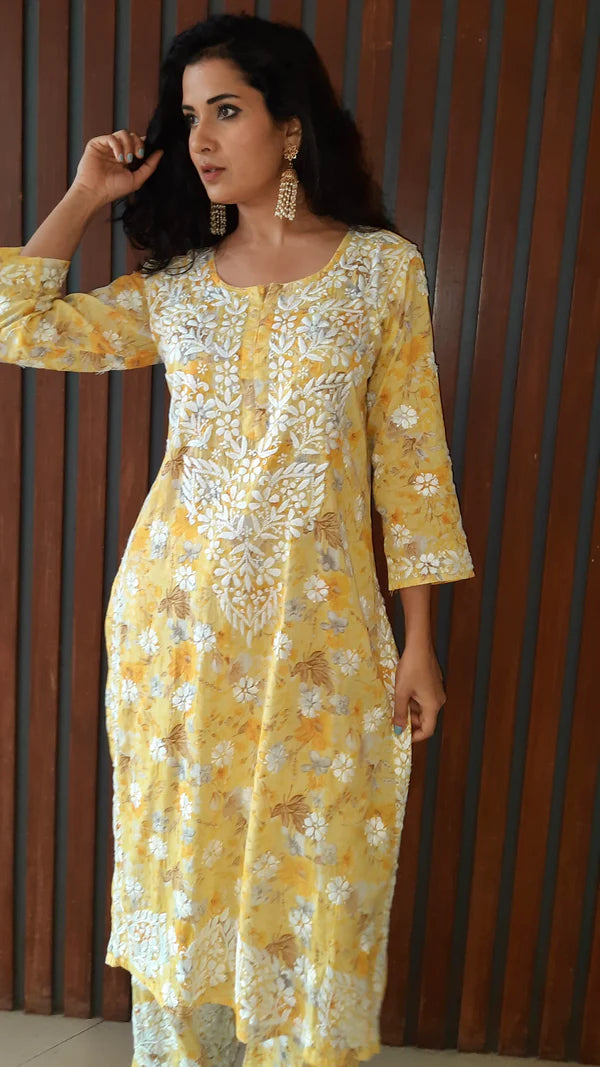 Lucknowi Chikankari Printed Co-ord Set Soft Mulmul