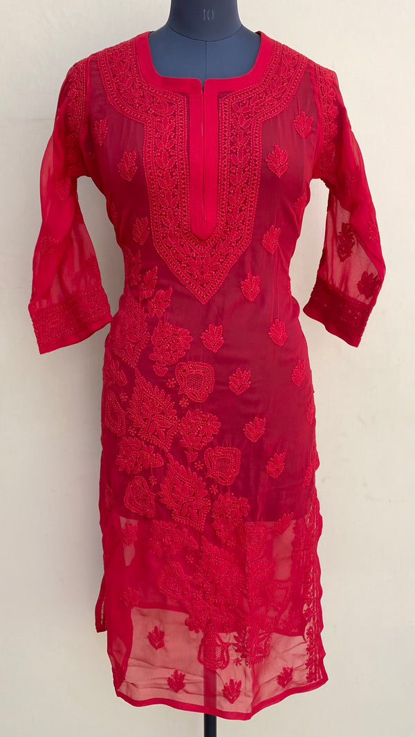 Lucknowi Chikankari Kurti Red Pure Georgette