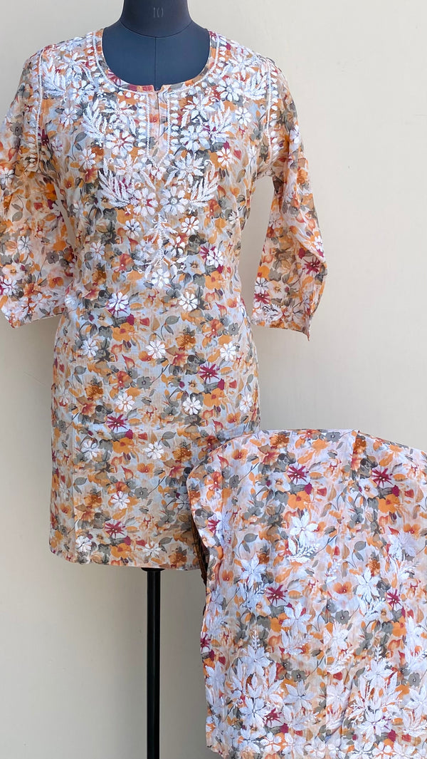 Lucknowi Chikankari Printed Co-ord Set Orange Mulmul Cotton