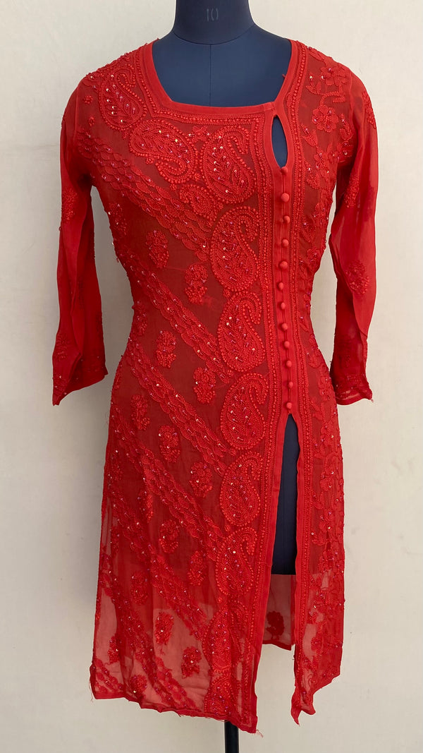 Lucknowi Chikankari  Ombre Kurti Red Pure Georgette With Pearl , Sequence & Resham Work