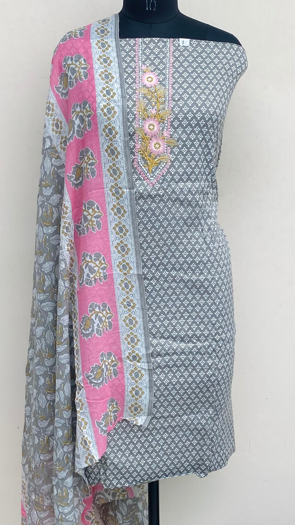 Designer Embroidered Suit Length 3 Piece Gray Mal Cotton