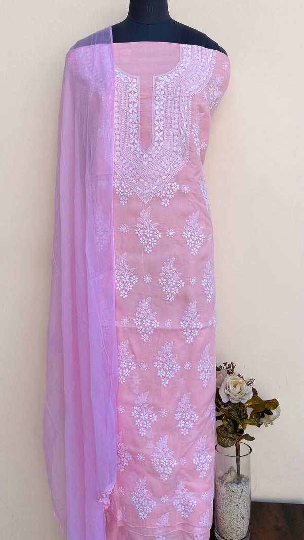 Lucknowi Chikankari Suit Length 3 Piece Pink Cotton
