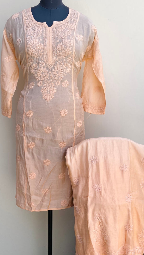 Lucknowi Chikankari Ombre Co-ord Set Peach Muslin Cotton With Self Work