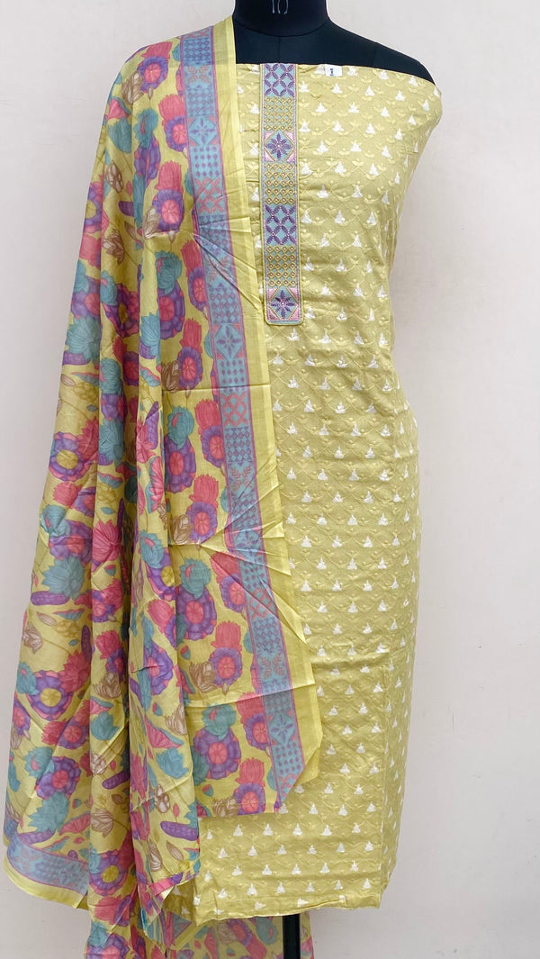 Designer Embroidered Suit Length 3 Piece Mehndi Green Mal Cotton
