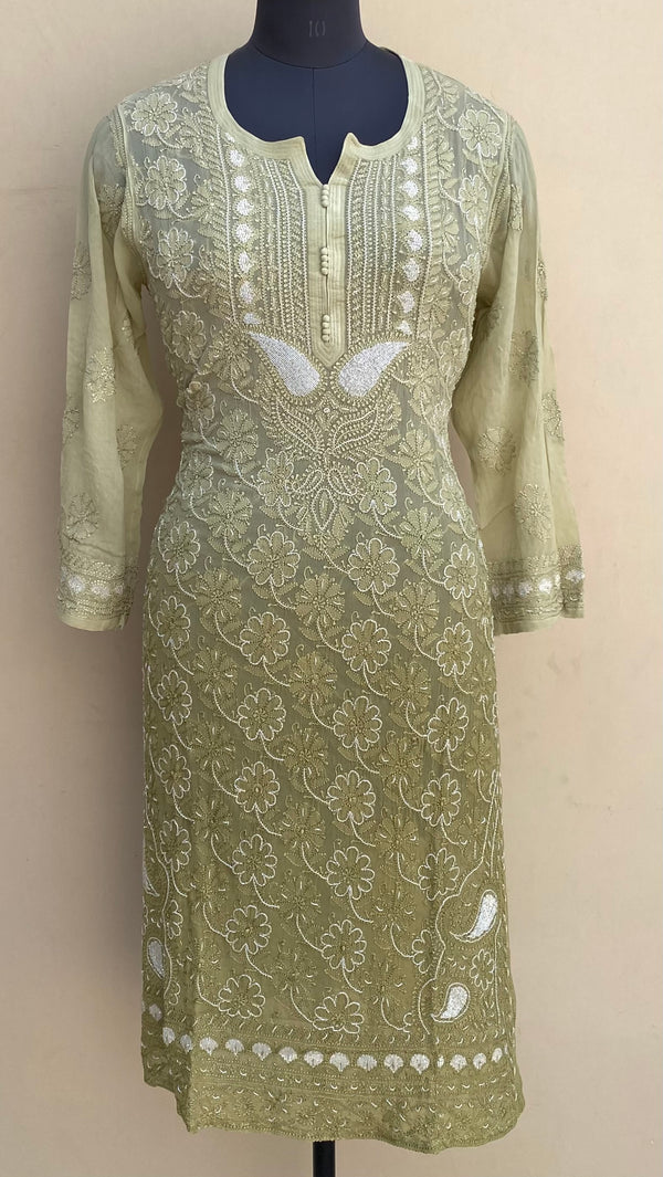 Lucknowi Chikankari Ombre Kurti Green Pure Georgette With Resham & Cutdana Work