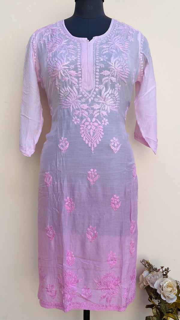 Lucknowi Chikankari Ombre Kurti Pink Muslin Cotton