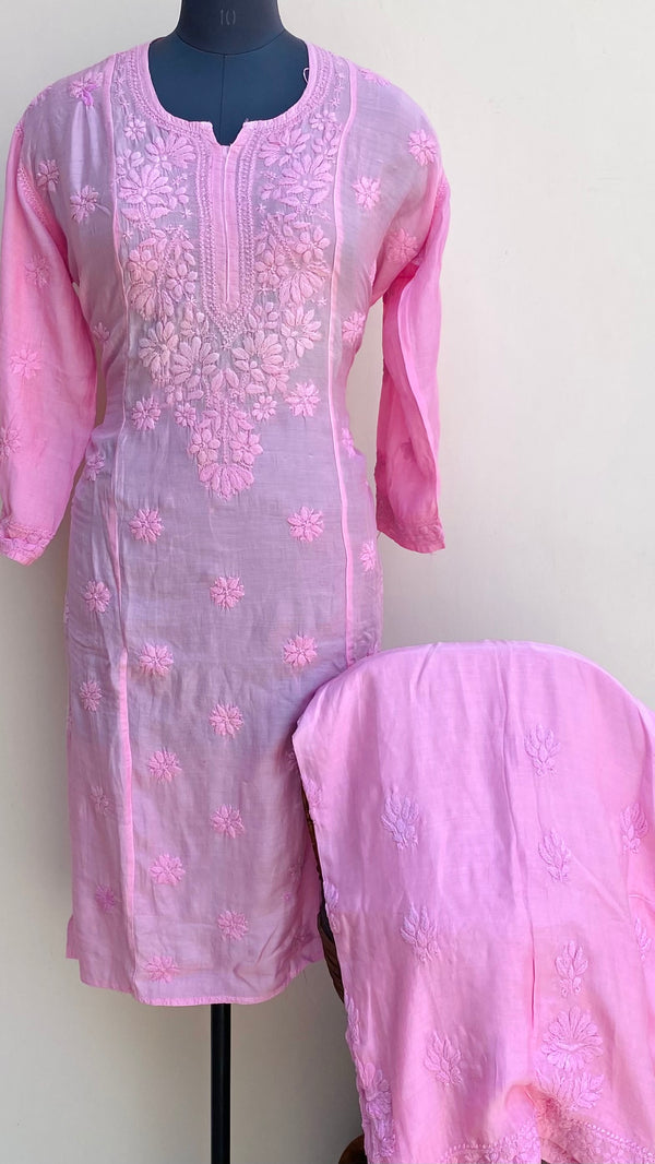 Lucknowi Chikankari Co-ord Set Pink Muslin Cotton With Self Work