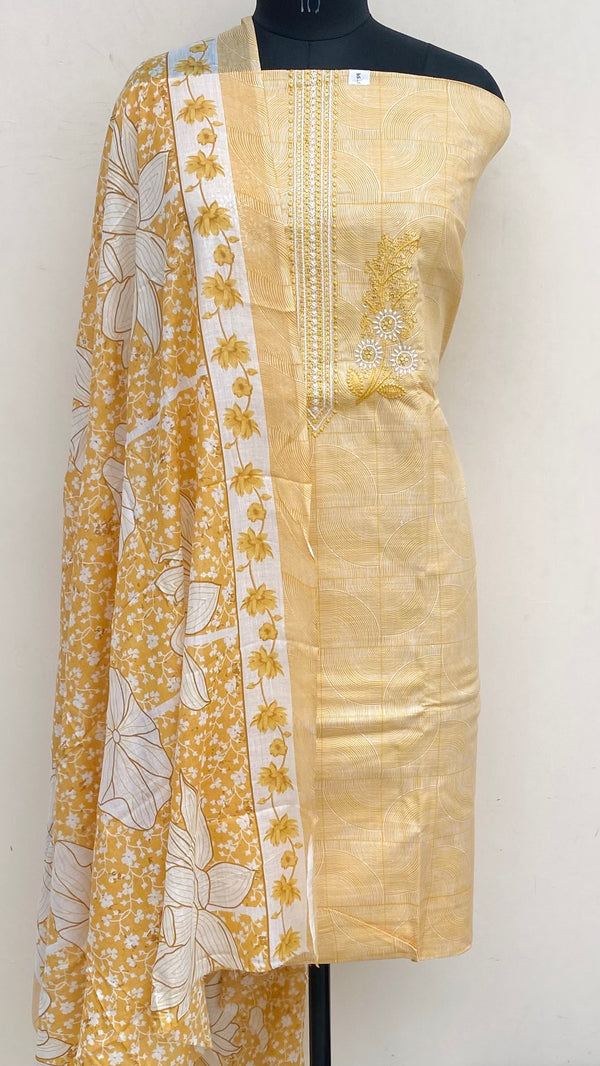 Designer Embroidered Suit Length 3 Piece Beige Mal Cotton With Sequence Work