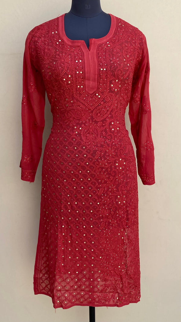 Lucknowi Chikankari Kurti Red Pure Georgette With Resham & Mukaish Work