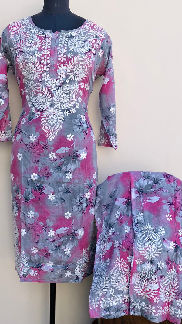 Lucknowi Chikankari Printed Co-ord Set Gray Mulmul Cotton