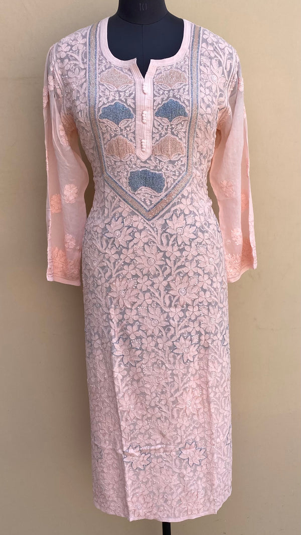 Lucknowi Chikankari Kurti Peach Pure Georgette With Resham & Cutdana Work