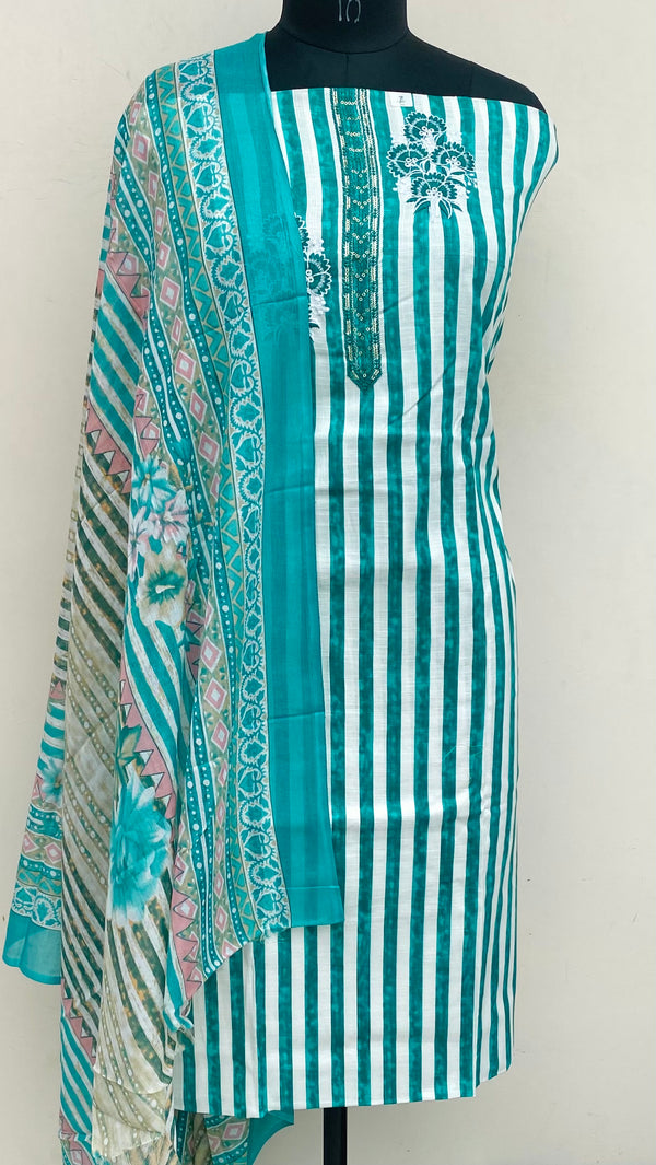 Designer Embroidered Suit Length 3 Piece Sea Green Mal Cotton With Sequence Work