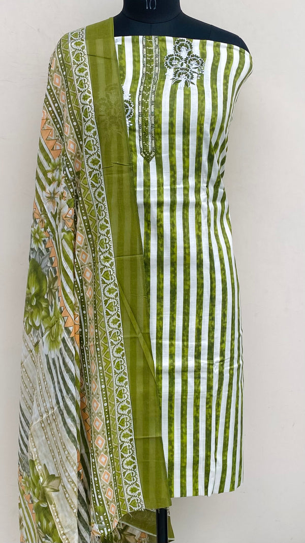 Designer Embroidered Suit Length 3 Piece Mehndi Green Mal Cotton With Sequence Work