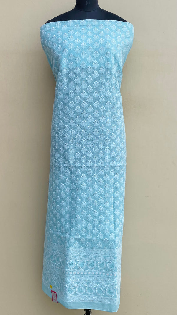 Lucknowi Chikankari Kurta Length Blue Cotton With Jaali Work