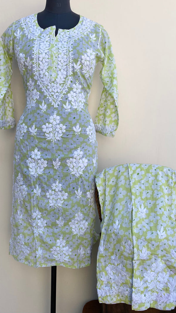 Lucknowi Chikankari Printed Co-ord Set Parrot Green Mulmul Cotton
