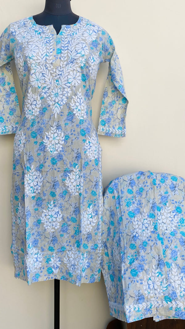 Lucknowi Chikankari Printed Co-ord Set Blue Mulmul Cotton