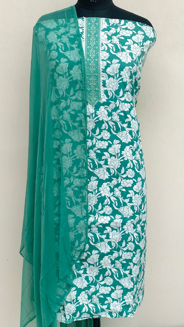 Designer Embroidered Suit Length 3 Piece Sea Green Mal Cotton With Sequence Work