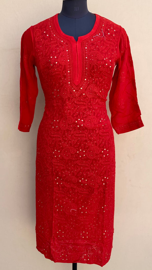 Lucknowi Chikankari   Kurti Red Pure Georgette With Mukaish Work