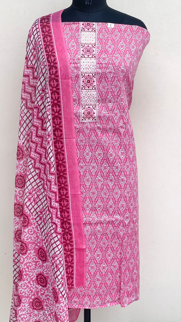 Designer Embroidered Suit Length 3 Piece Pink Mal Cotton With Sequence Work