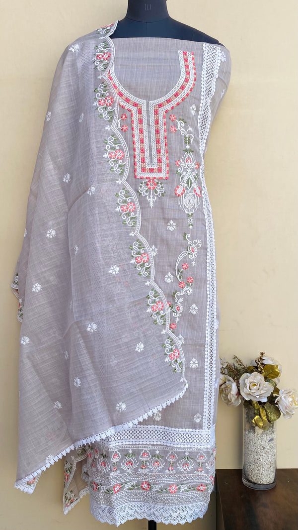 Designer Embroidered Suit Length 3 Piece Gray Kota