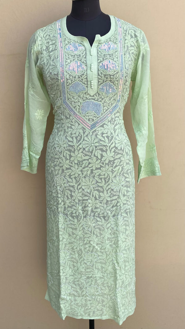 Lucknowi Chikankari Kurti Parrot Green Pure Georgette With Pearl , Sequence & Resham Work