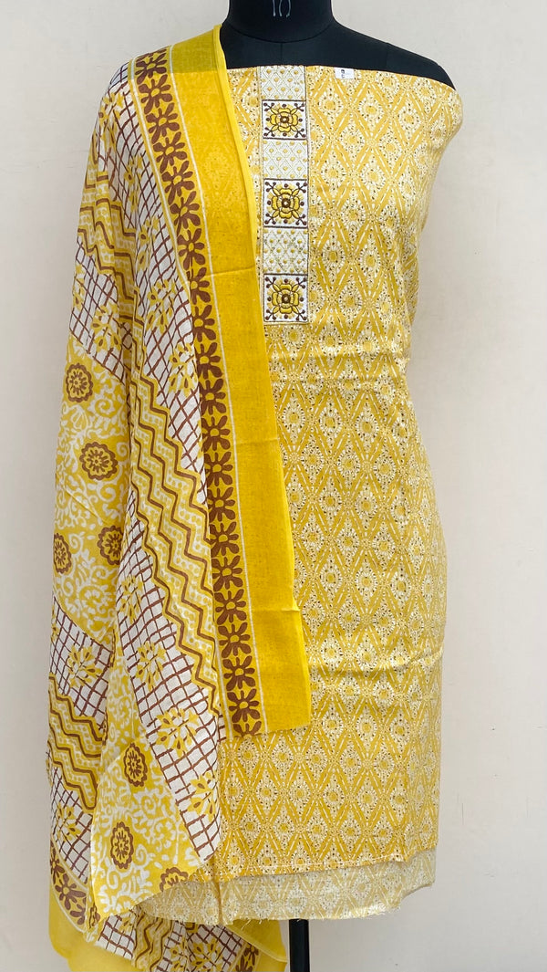 Designer Embroidered Suit Length 3 Piece Yellow Mal Cotton With Sequence Work