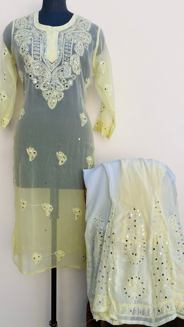 Lucknowi Chikankari Ombre Co-ord Set Lemon Yellow Georgette With Mirror Work