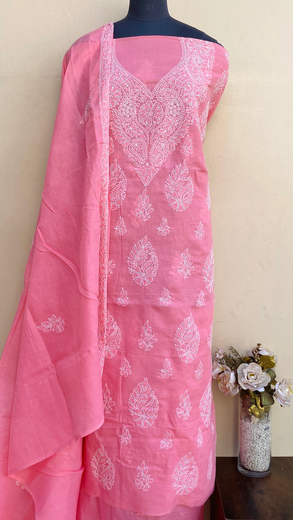 Lucknowi Chikankari Suit Length 3 Piece Pink Cotton With Embroidered Cotton Dupatta