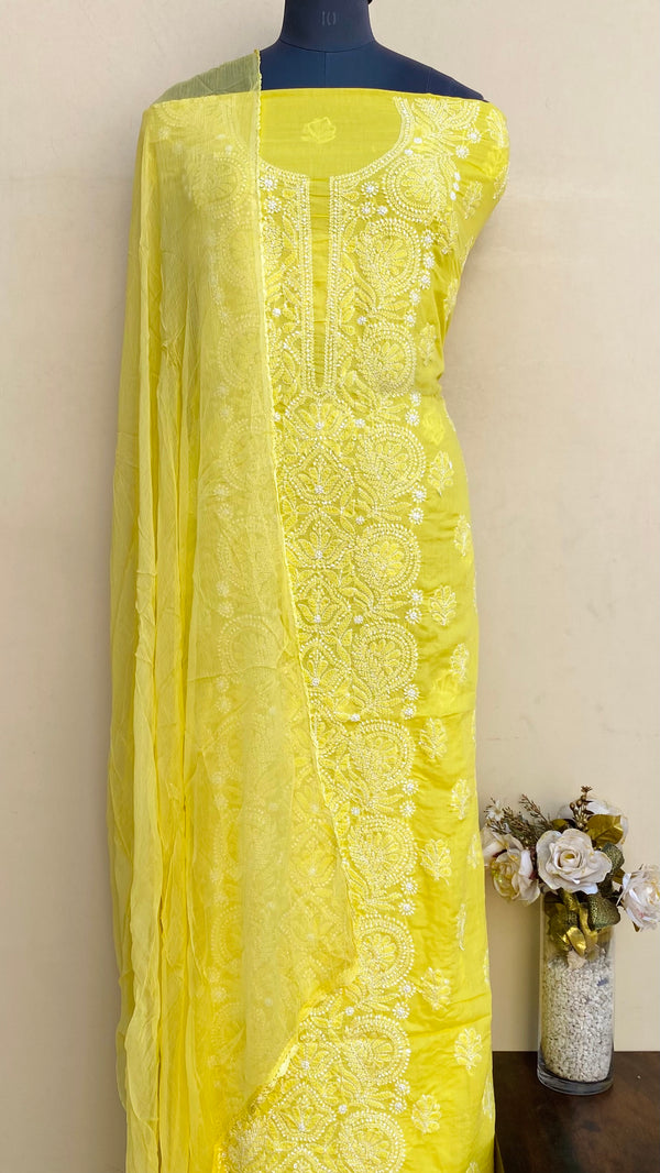 Lucknowi Chikankari Suit Length 3 Piece Yellow Mulmul Cotton