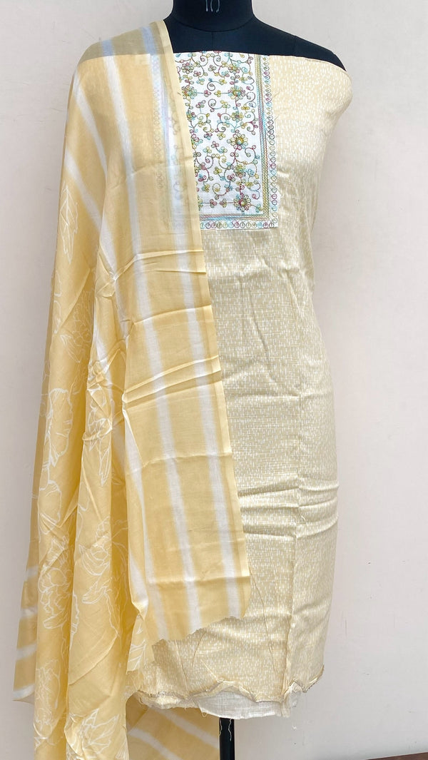 Designer Embroidered Suit Length 3 Piece Cream Mal Cotton With Sequence Work